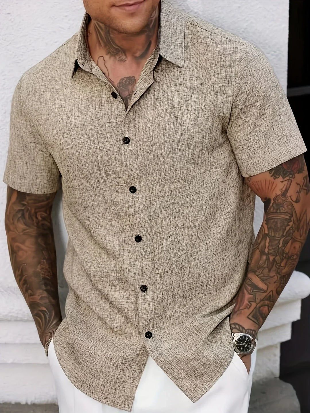 Camisa ligera de manga corta de mezcla de lino